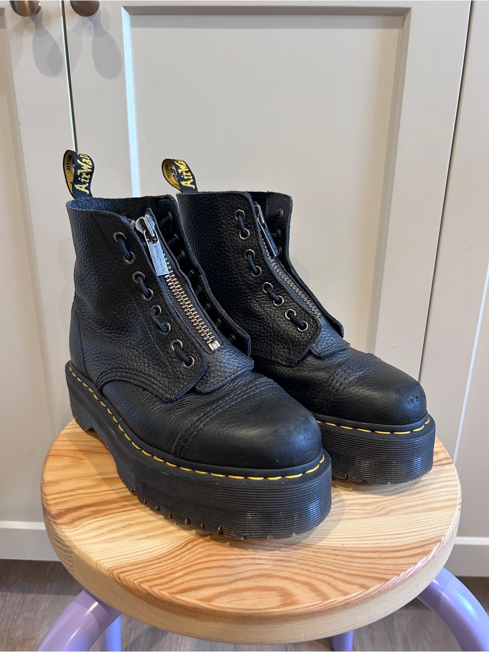 Dr. Martens Sinclair Black Leather Platform Zip Boots with Yellow Stitching